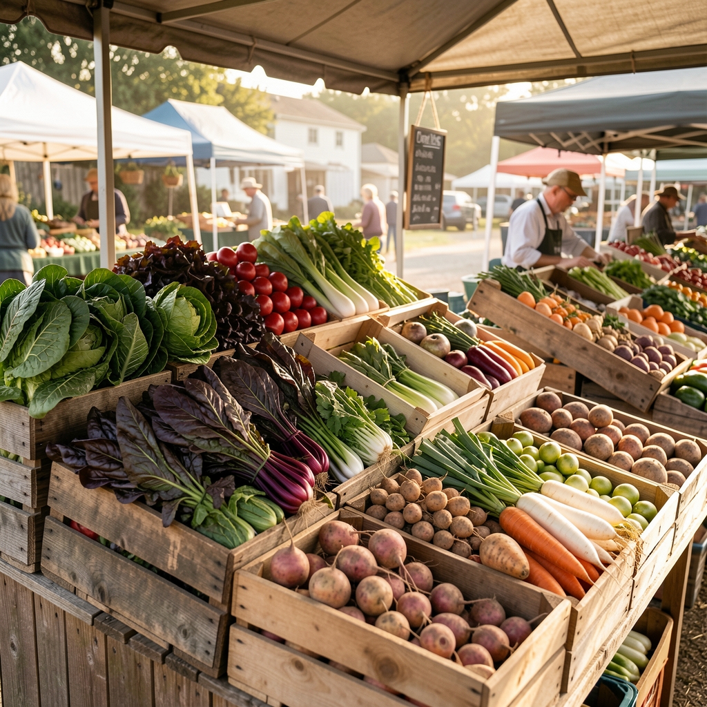 Farmers market stall with stacked seasonal vegetables, dark leafy greens and root vegetables in wooden crates, morning light