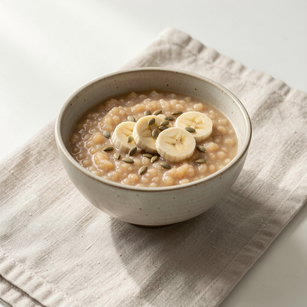 Single ceramic bowl of warm porridge with sliced banana and scattered seeds on a pale linen placemat, minimal daylight composition